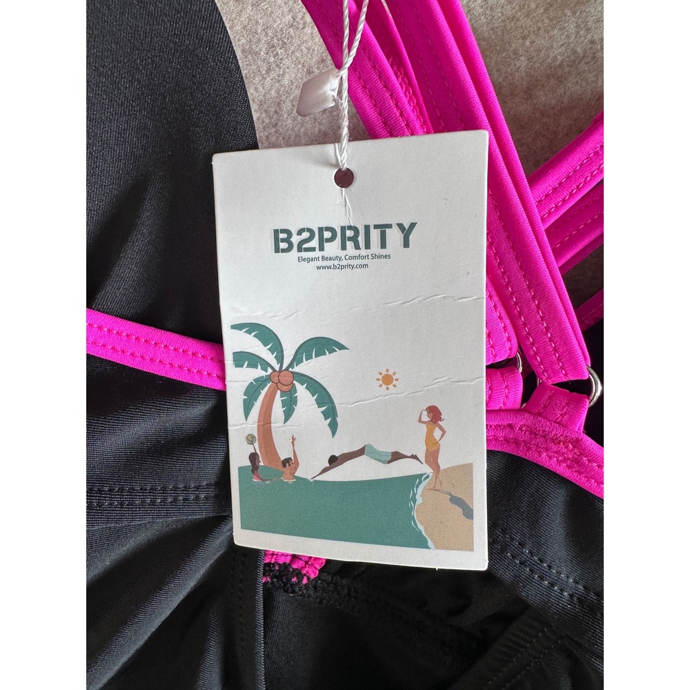 B2PRITY Womens One Piece Swimsuit Black Neon Pink Strappy V-Neck Size 2XL NWT - Picture 2 of 5